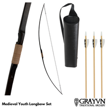 Load image into Gallery viewer, Medieval Youth Longbow plus Quiver and Arrows
